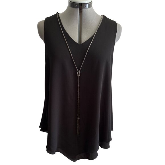 Shanley Tops - Shanley Black Sleeveless Layered V-Neck  Tunic Top S Attached Lariat Necklace